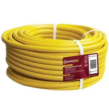 Coiled yellow reinforced garden hose 15 metres with white tie straps and Garden Pro branded label on packaging