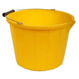Yellow plastic bucket with black handle and spout, 3 gallon capacity, featuring vertical ribbed design and metal rim