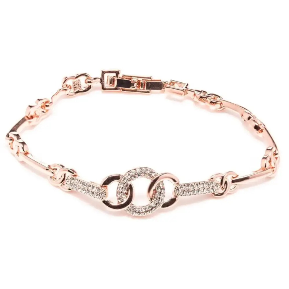 Rose gold bracelet with interlocking circular pendants adorned with crystal rhinestones, featuring decorative linked segments and a secure clasp fastening