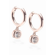 Pair of rose gold round hoop earrings with dangling diamond charms set in bezel settings, featuring polished metallic finish and hinged closures