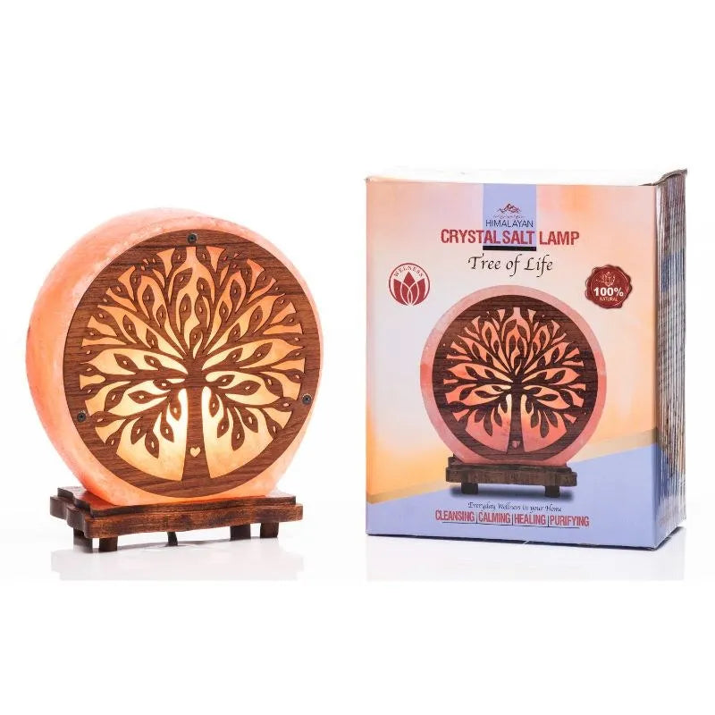 Himalayan Tree of Life Crystal Salt Lamp with wooden base and packaging, featuring carved tree design with warm amber glow, 100% natural salt crystal sphere in pink and orange tones