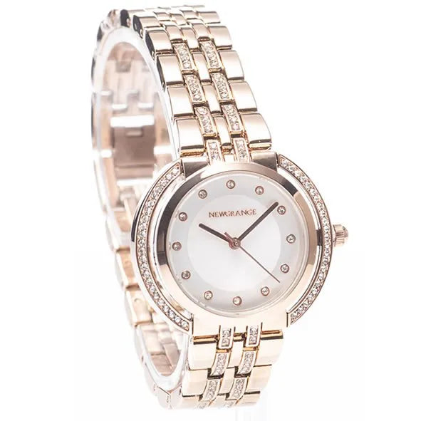 Rose gold Newgrange Living ladies watch with crystal-studded bezel and bracelet, white dial with rose gold hour markers, stainless steel case and link bracelet
