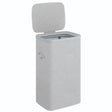 Grey fabric laundry basket with hinged lid and blue accent detail, 50 litre capacity, cylindrical design with textured surface