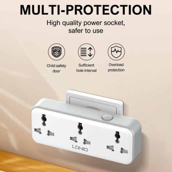 White power socket with safety features on a wooden surface, labeled 'LONIO'.