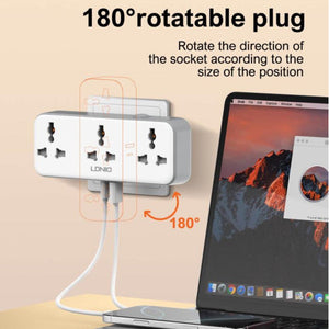 180-degree rotatable plug with a laptop on a beige surface