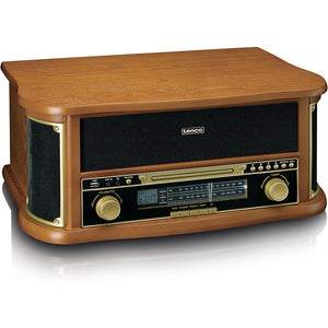 Lenco TCD-2551WD classic wooden retro turntable record player with warm brown wood cabinet, black speaker panels, brass-colored controls and digital display, featuring 8-in-1 functionality