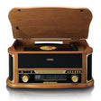 Lenco TCD-2551WD classic wood turntable with open lid showing vinyl record player, FM radio tuner, and control panel with gold accents in retro 8-in-1 design