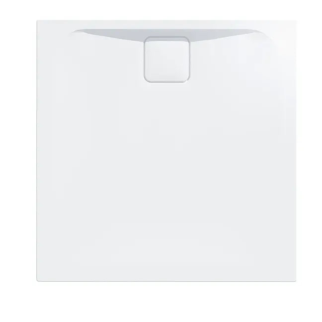 White rectangular shower tray with integrated waste outlet and anti-slip surface, modern minimalist design with subtle curved edges and central drain cover