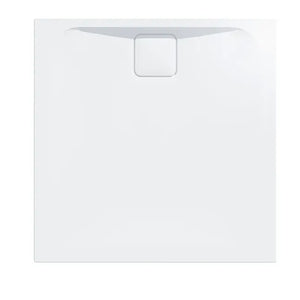 White rectangular shower tray with integrated waste outlet and anti-slip surface, modern minimalist design with subtle curved edges and central drain cover
