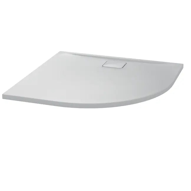 White ceramic quadrant shower tray with 25mm height and integrated waste outlet, modern bathroom fixture with curved corner design