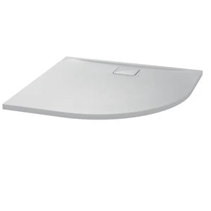 White ceramic quadrant shower tray with 25mm height and integrated waste outlet, modern bathroom fixture with curved corner design