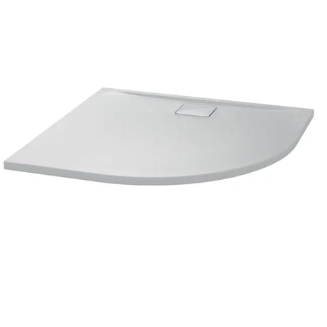White ceramic quadrant shower tray with 25mm height and integrated waste outlet, modern bathroom fixture with curved corner design