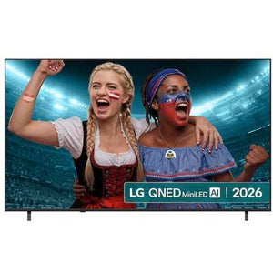LG QNED MiniLED AI 2026 85-inch 4K smart TV displaying two enthusiastic fans with face paint celebrating in a stadium, showcasing vibrant picture quality with bright stadium lighting on black bezel frame