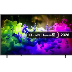LG QNED MiniLED AI 2026 85 inch 4K smart TV with vibrant colorful ink swirl display showing yellow green blue and magenta colors on black background