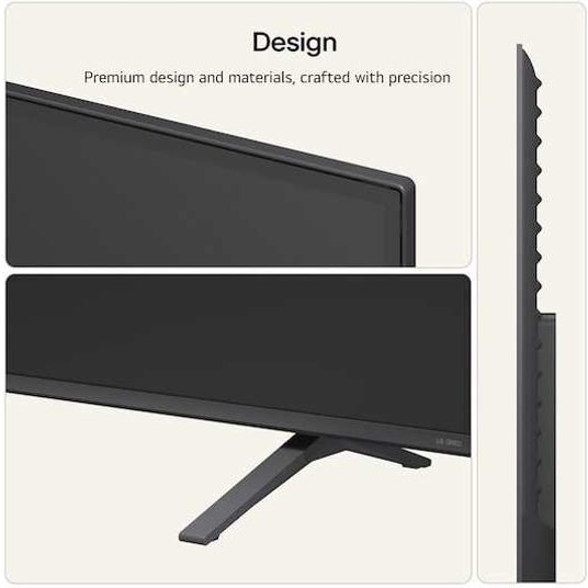 LG QNED7E 85 inch Mini LED TV with premium black design showing front display with stand and side profile view highlighting slim bezel and sleek construction