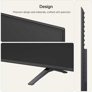 LG QNED7E 85 inch Mini LED TV with premium black design showing front display with stand and side profile view highlighting slim bezel and sleek construction
