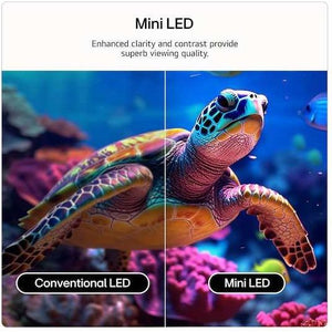 Side-by-side comparison of conventional LED and Mini LED display technology showing a colorful sea turtle underwater scene, with the Mini LED version on the right displaying enhanced clarity, contrast, and vibrant colors including blues, purples, oranges and golds against a coral reef background