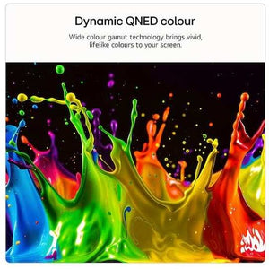 Dynamic QNED colour display featuring vibrant splashing liquid in bright neon green, blue, orange, red and yellow hues against a black background, demonstrating wide colour gamut technology for vivid lifelike screen performance on LG QNED7E 85 inch 4K smart TV