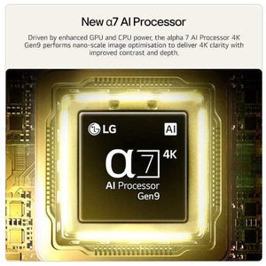 Close-up of LG alpha 7 4K AI Processor Gen9 chip with golden circuitry and glowing yellow border on black background, showing advanced GPU and CPU technology for nano-scale image optimization