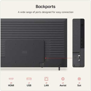 Back view of LG QNED7E 85 inch TV showing dark grey ribbed panel with backports diagram displaying 3x HDMI, 1x USB, 1x LAN, 1x Aerial and 1x Sat connections on the rear panel and side connection hub