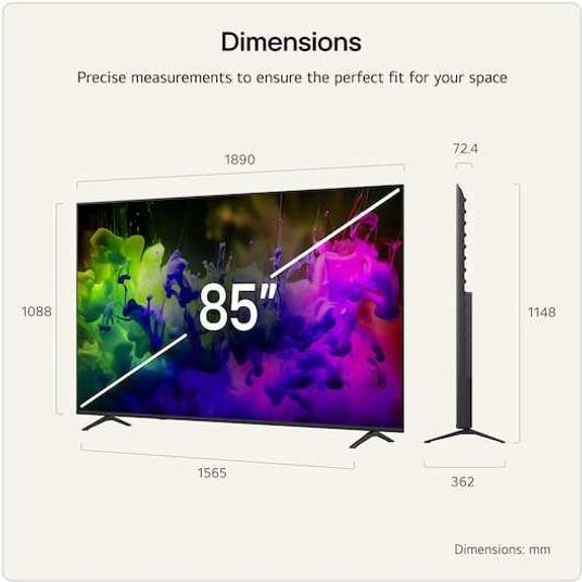 LG 85-inch QNED7E Mini LED 4K Smart TV with dimension specifications showing 1890mm width, 1088mm height, 1565mm base depth, and 72.4mm bezel width, displayed against a colorful abstract background of green, blue and purple ink swirls