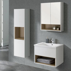 Modern white bathroom vanity units with walnut wood accents including wall-mounted mirror cabinet, tall storage tower and sink vanity with open shelving against grey tile wall