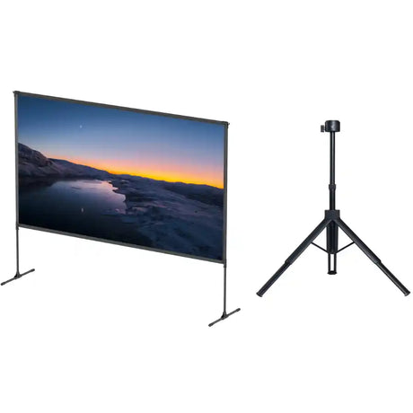 Soundcore Nebula P1 projector display combo showing a 100 inch portable projection screen with black frame and tripod stand displaying a scenic mountain sunset landscape, alongside a separate black tripod projector stand with adjustable height and three-leg base configuration