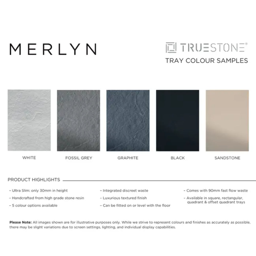 Merlyn Truestone tray color samples showing five options: White, Fossil Grey, Graphite, Black, and Sandstone finishes with product highlights including 30mm ultra slim height, high grade stone resin construction, integrated waste, textured finish, and fast flow waste system