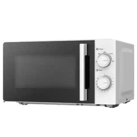 White 20 litre manual microwave with 700W power, featuring black interior cavity, chrome handle, and dual rotary control dials on the right side