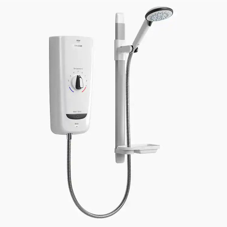 Shower system with control panel and shower head on a white background
