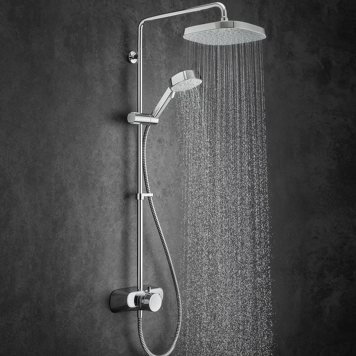 Chrome shower head and handheld shower on a white background