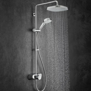 Chrome shower head and handheld shower on a white background