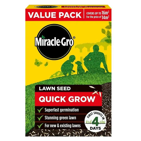 Miracle-Gro Quick Grow Lawn Seed value pack box in yellow and red with green grass silhouettes, showing 16m2 coverage, superfast germination in 4 days, 480g ryegrass and fescue seed mix for new and existing lawns