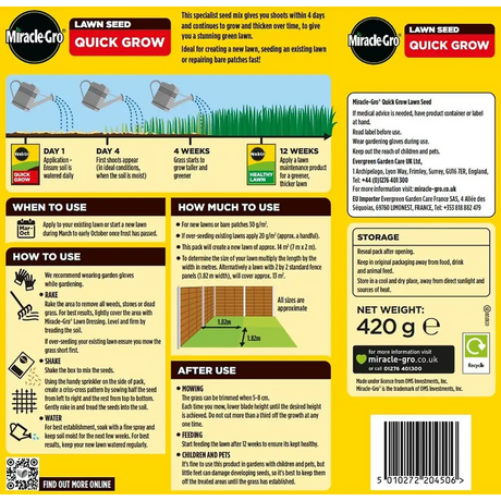 Miracle-Gro Quick Grow Lawn Seed 420g product packaging with yellow background showing application timeline, usage instructions, watering guidance, and coverage area diagram for creating new lawns or repairing bare patches