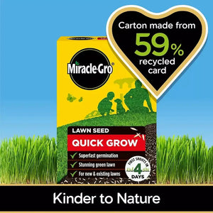 Miracle-Gro Quick Grow lawn seed box 480g on blue background with green grass border, featuring yellow packaging, black Miracle-Gro logo, green silhouette graphics, red Quick Grow banner, checkmarks for superfast germination and stunning green lawn, first shoots in 4 days label, heart-shaped badge showing 59% recycled card carton, and Kinder to Nature branding at bottom