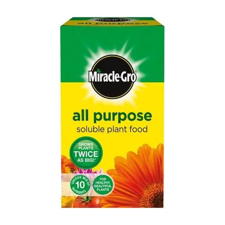 Miracle-Gro All Purpose soluble plant food 1.2kg box with green and yellow packaging featuring a sunflower, displaying growth claims and product benefits