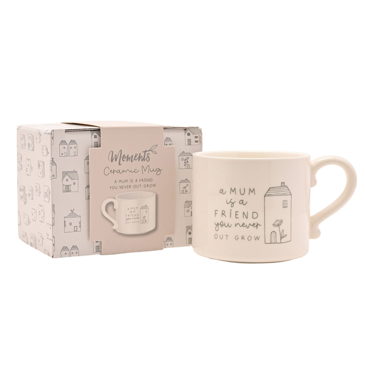 Ceramic mug with decorative text and packaging on a white background