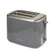 Morphy Richards Equip 2 slice toaster in grey with brushed stainless steel top, featuring dual wide slots, chrome handle, and control buttons on the front side panel