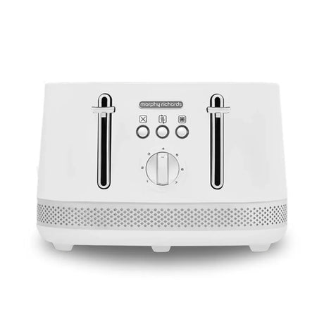 Morphy Richards Illumination white 4-slice toaster with dual extra-wide slots, illuminated buttons, rotary controls, and textured metallic band detail