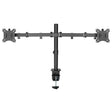 Black dual monitor clamp mount arm with adjustable VESA brackets on each end, central vertical pole with desk clamp base, suitable for two computer displays