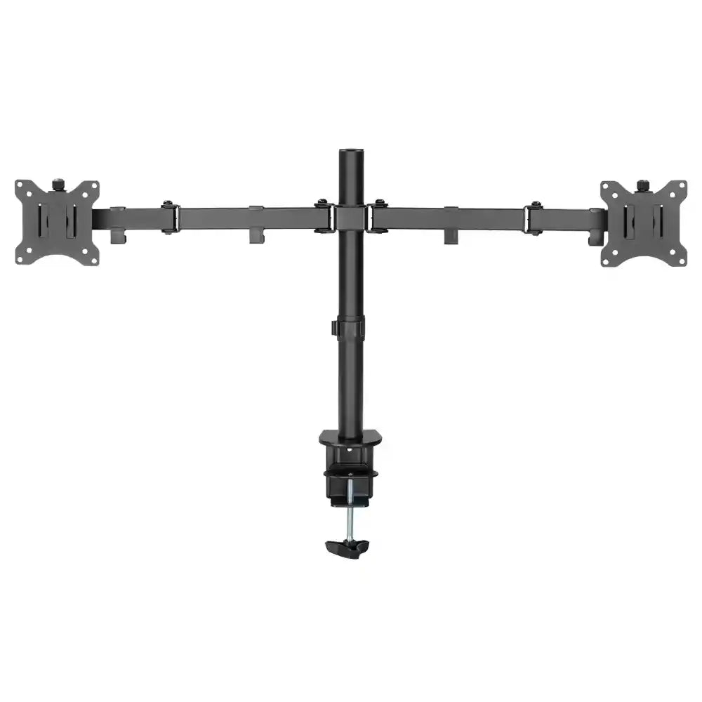 Black dual monitor clamp mount arm with adjustable VESA brackets on each end, central vertical pole with desk clamp base, suitable for two computer displays