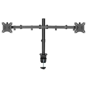 Black dual monitor clamp mount arm with adjustable VESA brackets on each end, central vertical pole with desk clamp base, suitable for two computer displays