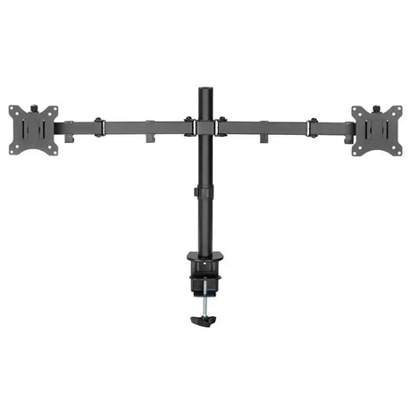 Black dual monitor clamp mount arm with adjustable VESA brackets on each end, central vertical pole with desk clamp base, suitable for two computer displays