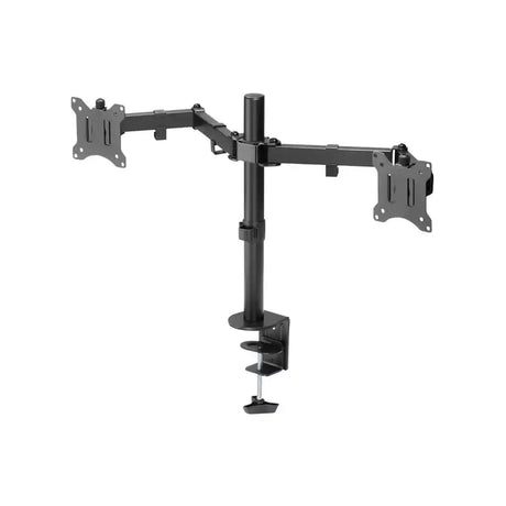 Black dual monitor clamp mount with adjustable arms and VESA plates for two displays, featuring a central pole with desk clamp base