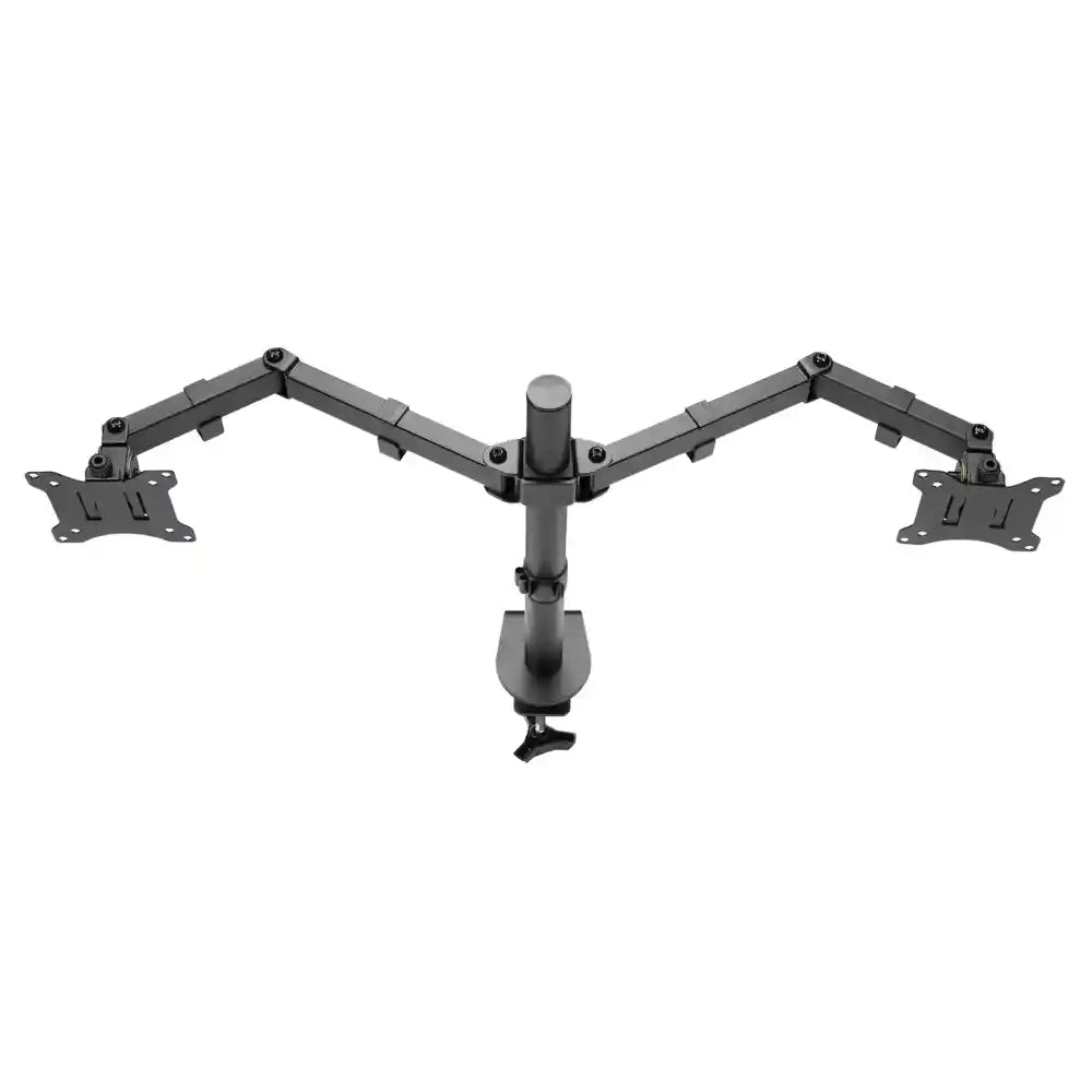 Black dual monitor arm mount with adjustable articulating joints and VESA mounting plates, shown from above against white background