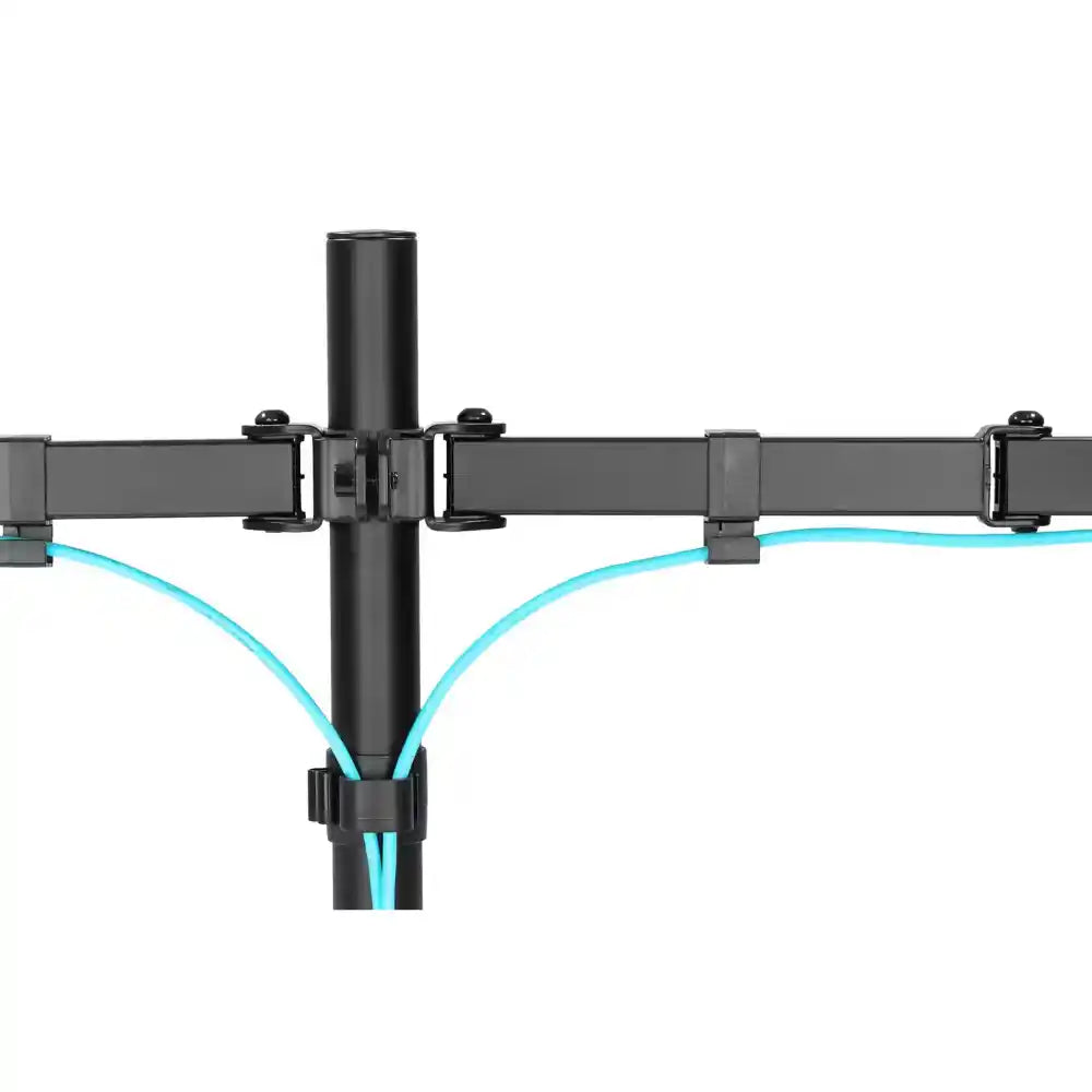 Black dual monitor clamp mount with adjustable arms and cyan cable management, front view showing steel horizontal bar and central pole mount for desk installation