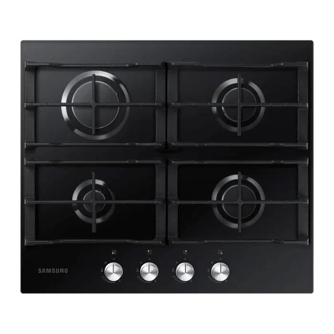 Samsung 60cm black glass gas hob with four burners and stainless steel control knobs