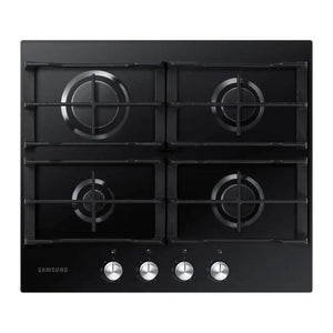 Samsung 60cm black glass gas hob with four burners and stainless steel control knobs