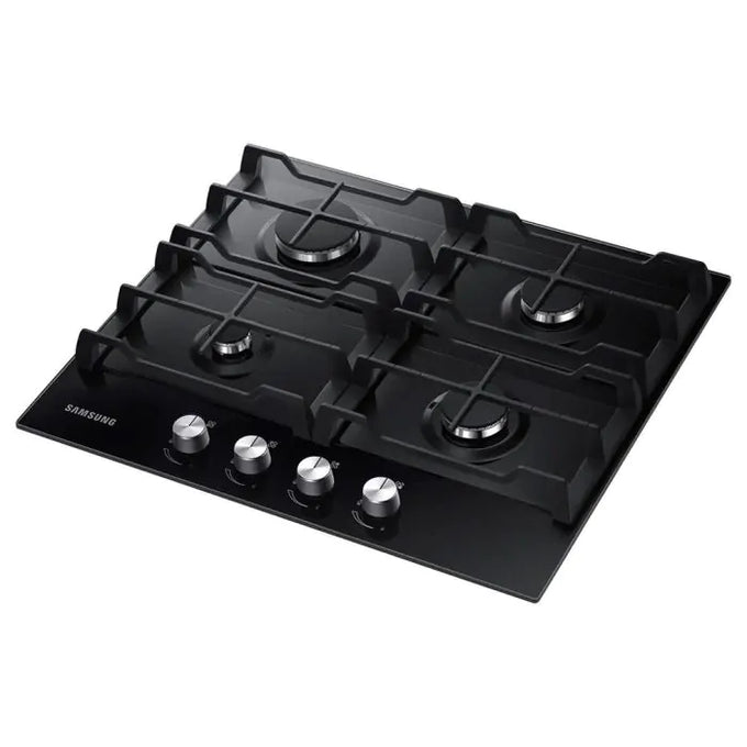 Samsung 60cm black glass gas hob with four burners and chrome control knobs, model NA64D3000AK/U1