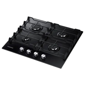 Samsung 60cm black glass gas hob with four burners and chrome control knobs, model NA64D3000AK/U1